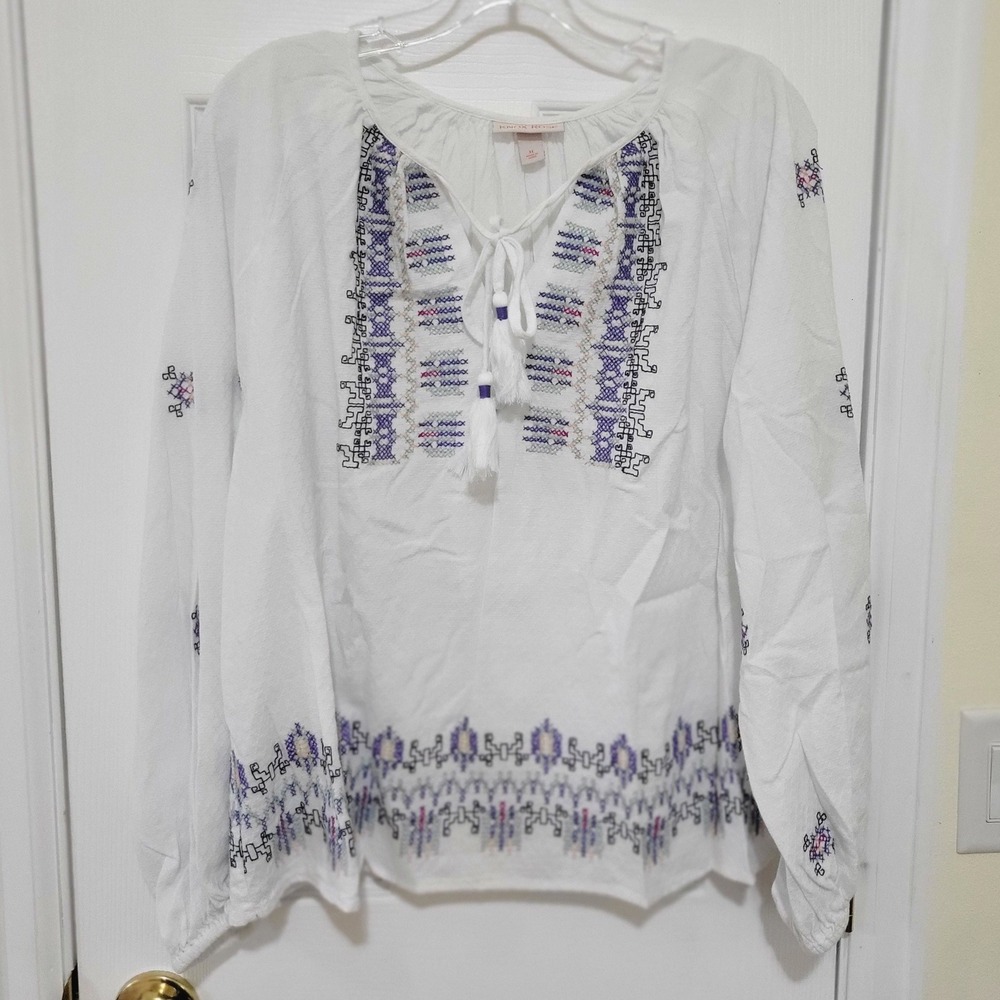 Womens XL White Embroidered Peasant Blouse Tassel Tie Boho Gauze Top